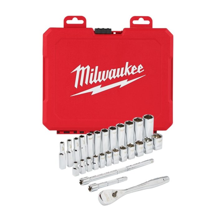 Juego 28 piezas, carraca y vasos de 1/4" métrica Milwaukee