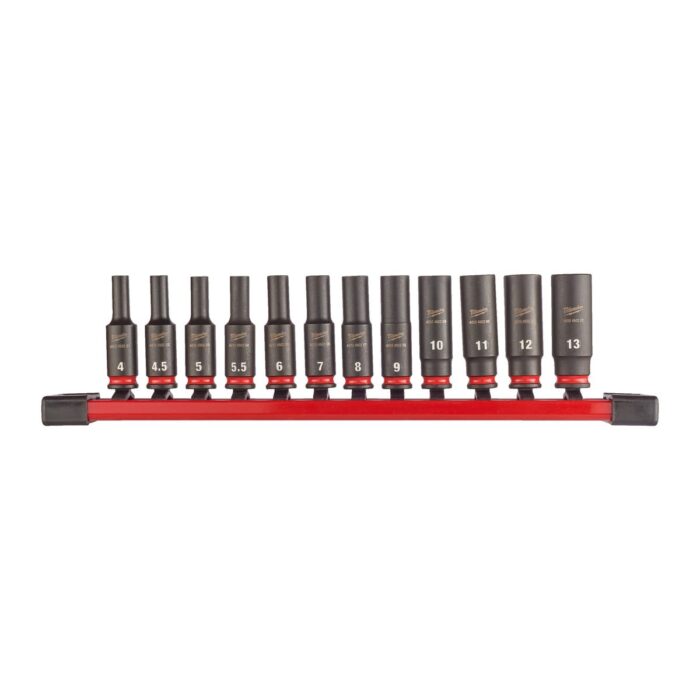 Conjunto de 12 vasos de impacto largos 1/4" y adaptador en soporte raíl Milwaukee
