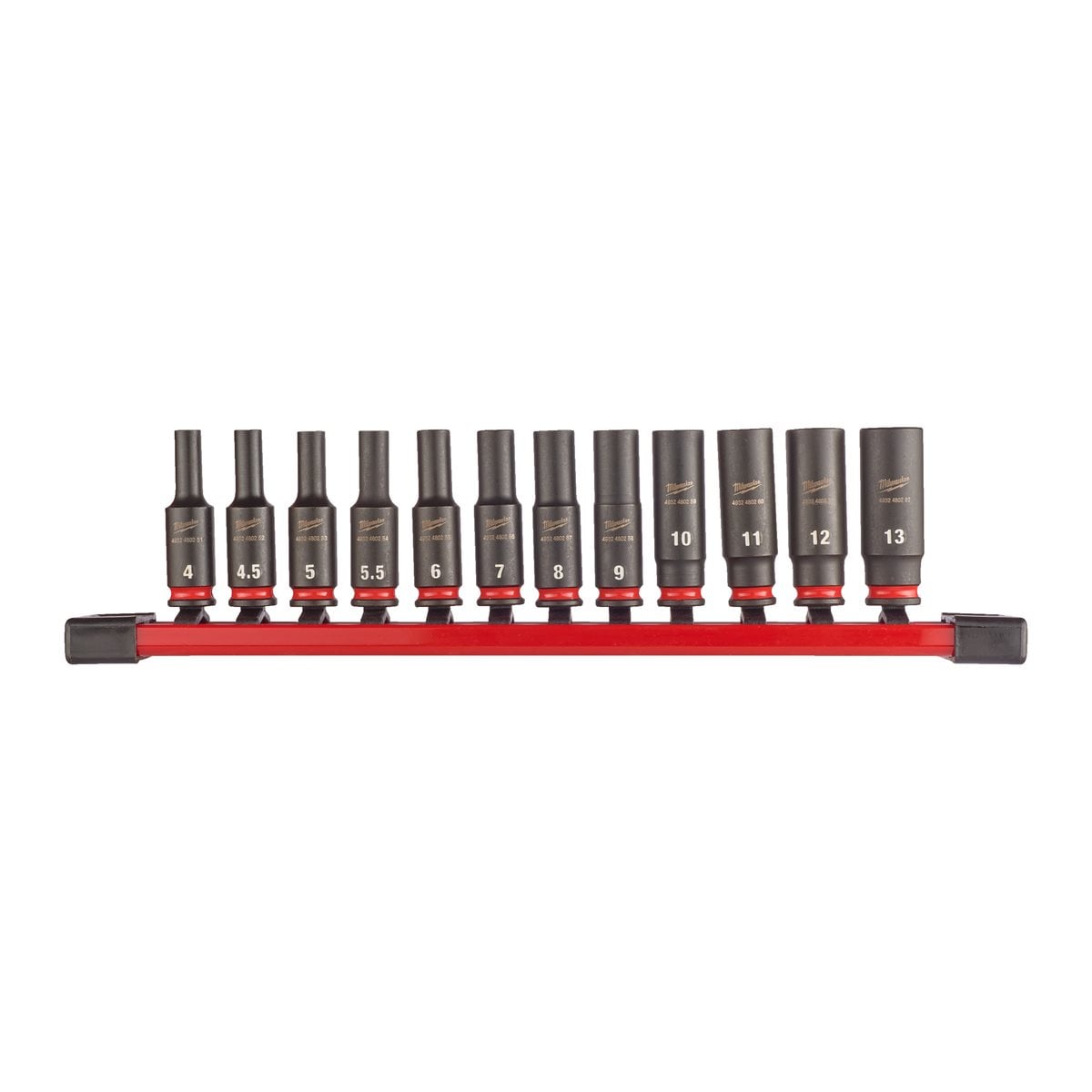 Conjunto de 12 vasos de impacto largos 1/4" y adaptador en soporte raíl Milwaukee