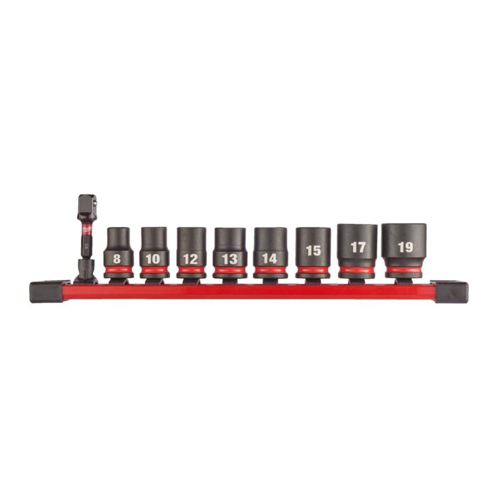 Conjunto de 8 vasos de impacto cortos 3/8" y adaptador en soporte raíl Milwaukee