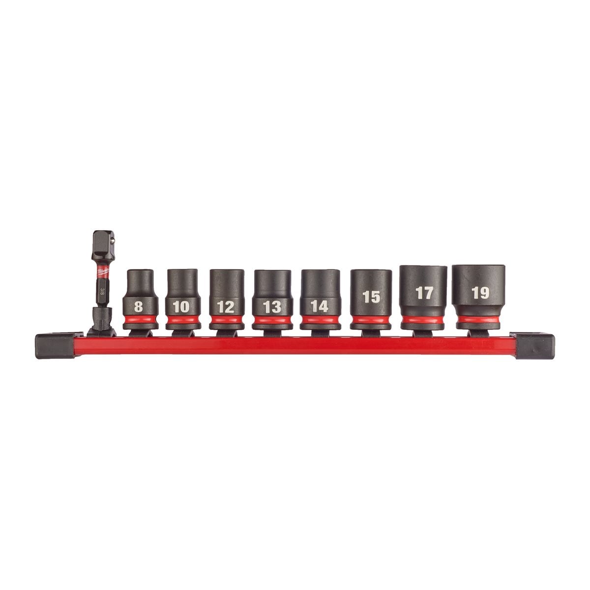 Conjunto de 8 vasos de impacto cortos 3/8" y adaptador en soporte raíl Milwaukee