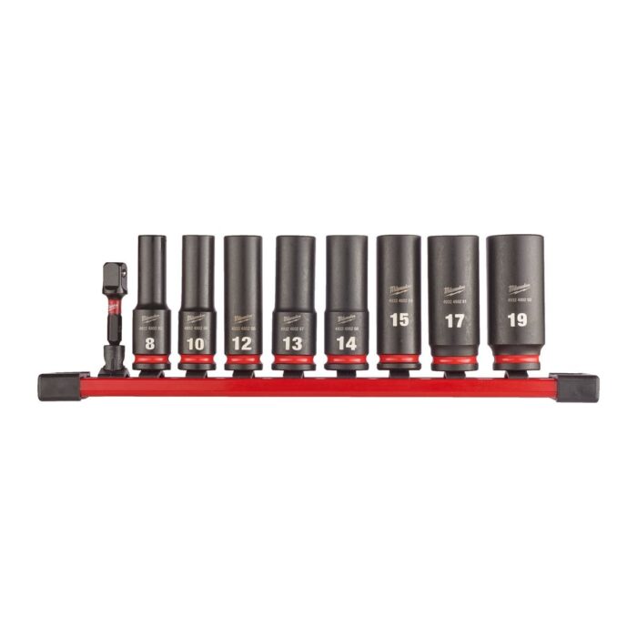 Conjunto de 8 vasos de impacto largos 3/8" y adaptador en soporte raíl Milwaukee