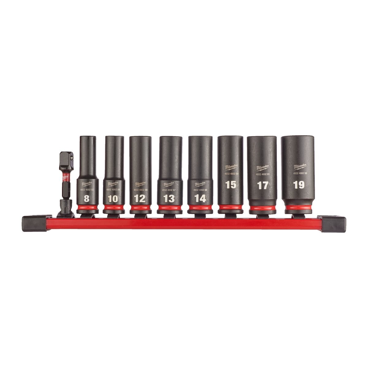 Conjunto de 8 vasos de impacto largos 3/8" y adaptador en soporte raíl Milwaukee