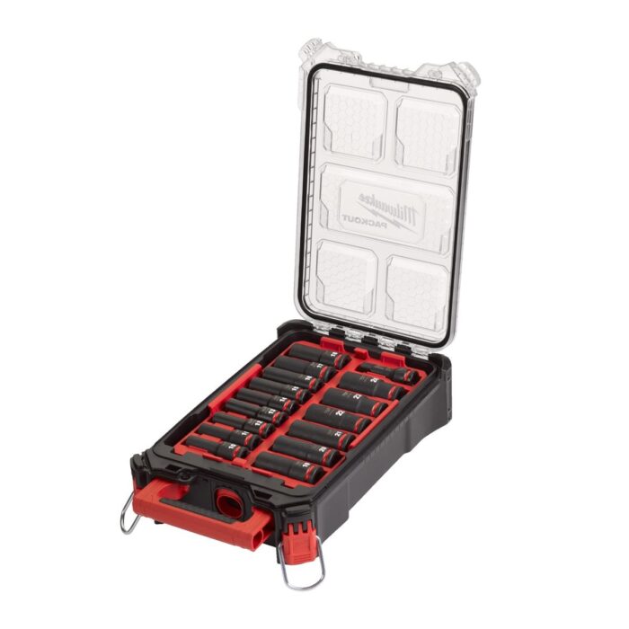 Conjunto de 16 piezas de vasos de impacto largos 1/2" en organizador compacto PACKOUT™ Milwaukee