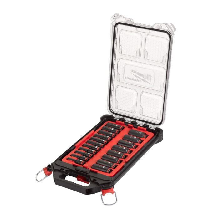 Conjunto de 19 piezas de vasos de impacto largos 3/8" en organizador slim compacto PACKOUT™ Milwaukee