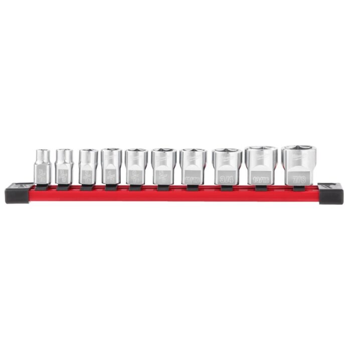Juego de 10 vasos cortos de 3/8" en raíl de transporte - SAE Milwaukee