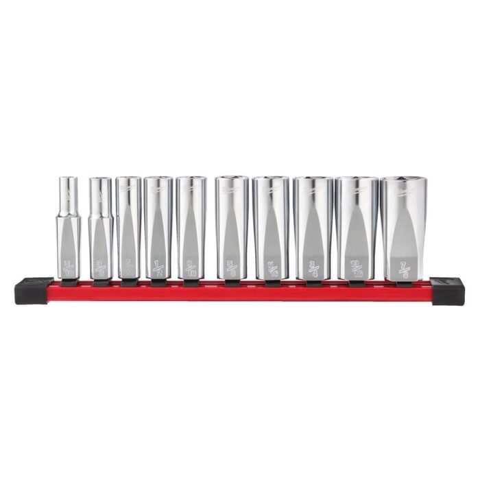 Juego de 10 vasos largos de 3/8" en raíl de transporte - SAE Milwaukee