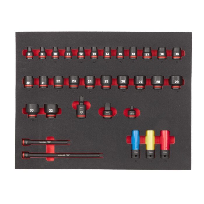 3/3 Espuma con 32 piezas de vasos de impacto cortos 1/2" Milwaukee