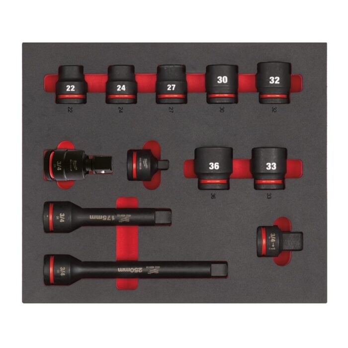 3/3 Espuma con 12 piezas de vasos de impacto cortos 3/4" Milwaukee