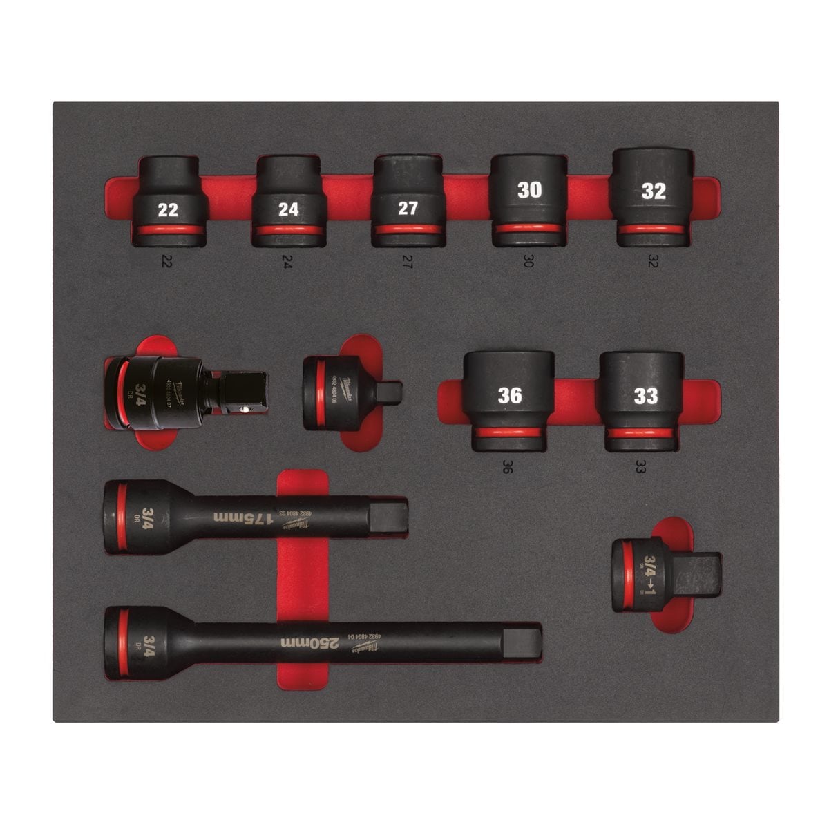 3/3 Espuma con 12 piezas de vasos de impacto cortos 3/4" Milwaukee
