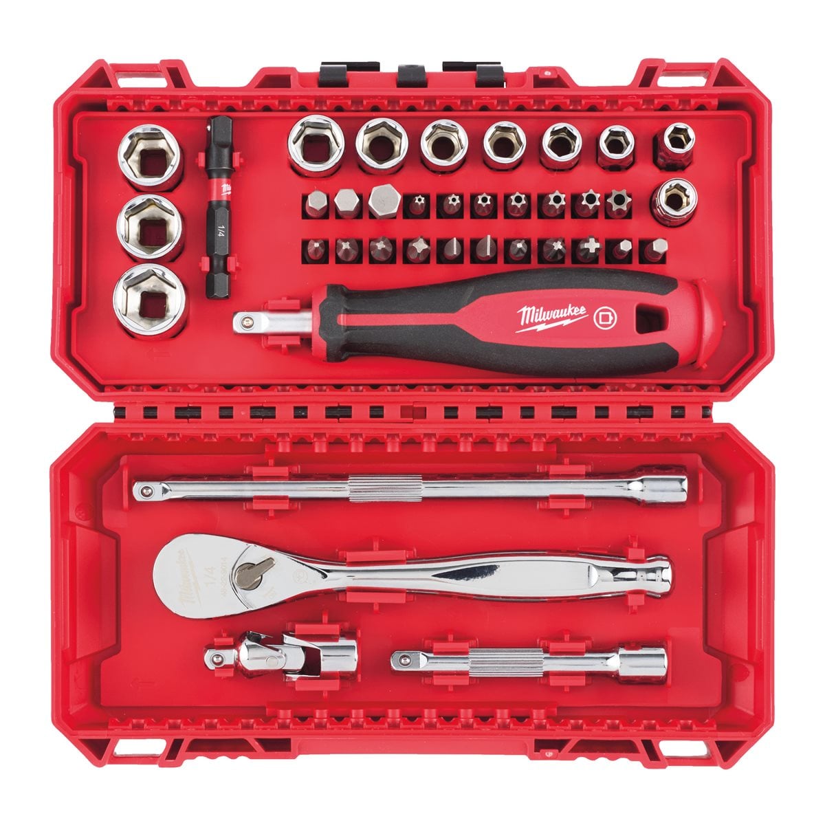 Estuche 38 piezas, carraca y vasos de 1/4" métrica compatible con PACKOUT™ Milwaukee