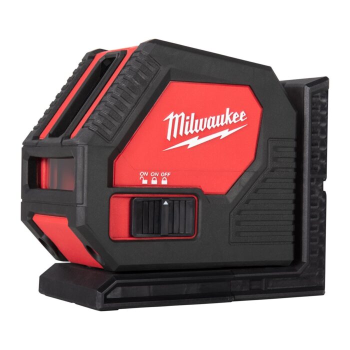 Nivel láser de 2 líneas a pilas alcalinas, verde, ajuste fino, protección IP54. Incluye pinza para techos. Se suministra con 4 pilas alcalinas AA, en kitbox Milwaukee