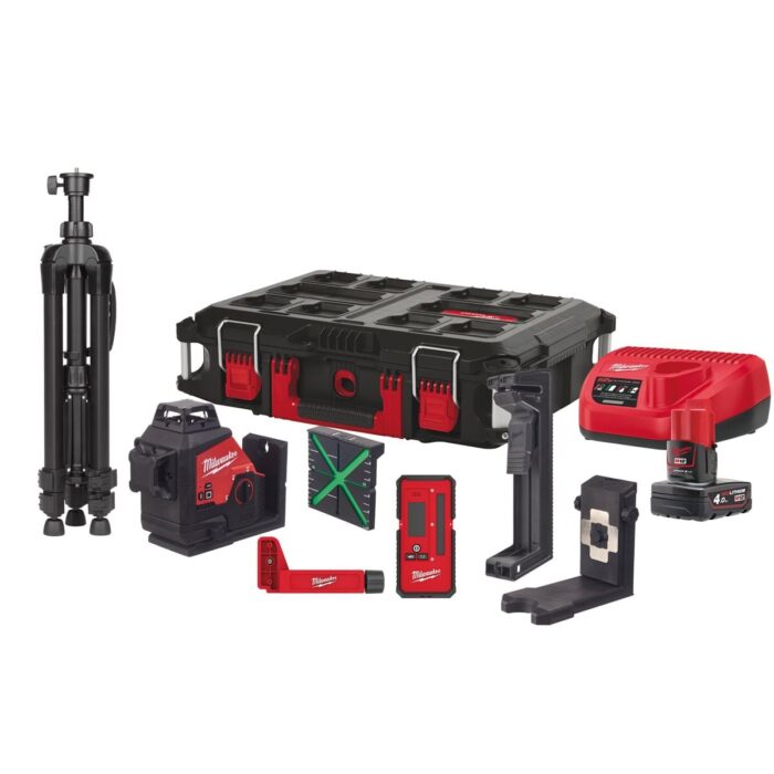 Kit de nivel láser de 3 líneas M12™, verde, ajuste fino, 330° de rotación, protección IP54. Incluye pinza para techos, detector de láser LLD50, soporte 360°, trípode de 120cm y tarjeta de alta visibilidad. Se suministra con 1 batería M12B4 y cargador C12C, en maleta PACKOUT™ Milwaukee