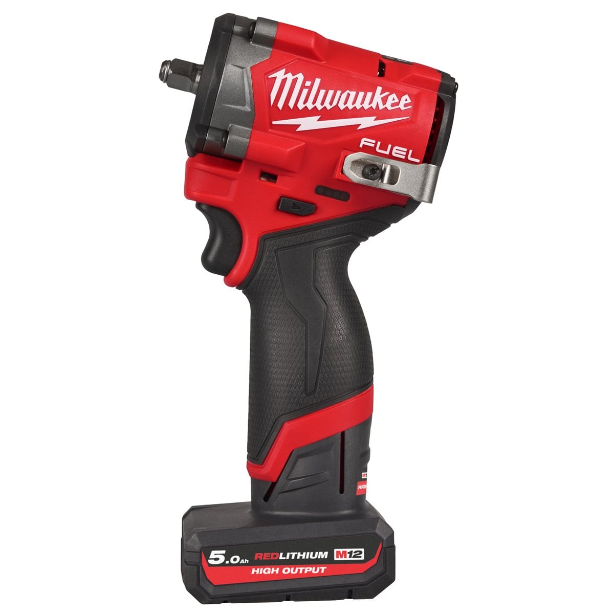 Llave de impacto subcompacta M12 FUEL™, recepción 3/8" con anillo de fricción, 4 modos, máximo par de apriete 542Nm y 746Nm de desapriete. Se suministra con 2 baterías M12HB5 y cargador C12C, en HD-box Milwaukee