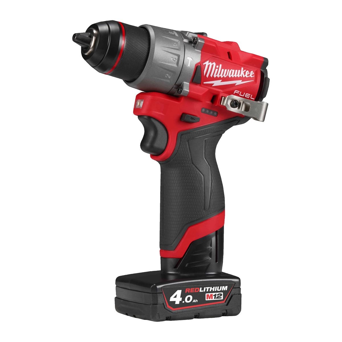 Taladro percutor subcompacto M12 FUEL™, 2 velocidades, par máximo 45Nm, portabrocas metálico 13mm, embrague mecánico. Se suministra con 2 baterías M12B4 y cargador C12C, en HD-box Milwaukee