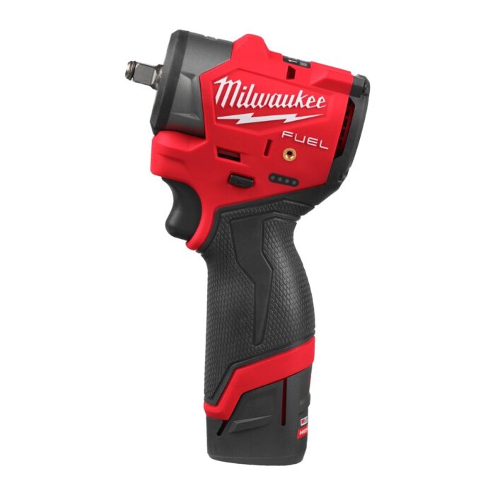 Llave de impacto supercompacta M12 FUEL™, recepción 3/8" con anillo de fricción, 4 modos, máximo par de apriete 271Nm y 305Nm de desapriete. Se suministra con 2 baterías M12HB2.5 y cargador C12C, en HD-box Milwaukee