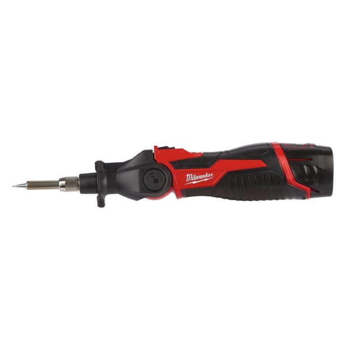 Soldador de estaño subcompacto M12™, temperatura 400°C, cabezal rotativo 3 posiciones. Se suministra con 1 batería M12B2 y cargador C12C, en kitbox Milwaukee