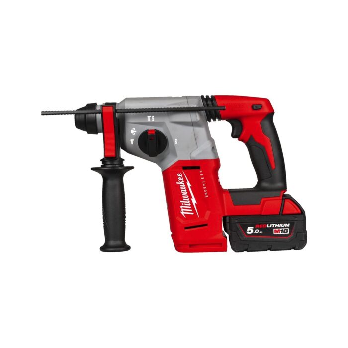 Martillo combinado SDS-Plus sin escobillas M18™, 4 modos, 2,3J de energía de impacto, capacidad máxima 26mm, 0-1.400rpm, 0-4.900bpm. Se suministra con 2 baterías M18B5 y cargador rápido M12-18FC, en HD-box Milwaukee