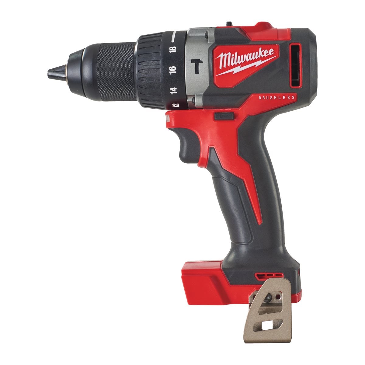 Taladro percutor sin escobillas M18™, 2 velocidades, par máximo 82Nm, portabrocas metálico 13mm. Se suministra en versión cero, sin baterías ni cargador, en HD-box Milwaukee