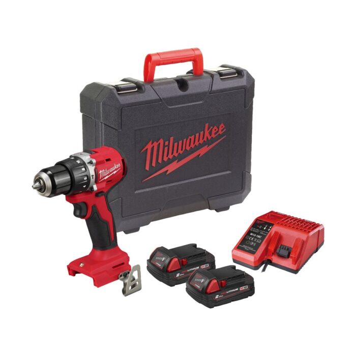 Taladro percutor compacto sin escobillas M18™, 2 velocidades, par máximo 60,5Nm, portabrocas metálico 13mm, longitud total 145mm. Se suministra con 2 baterías M18B2 y cargador M12-18C, en kitbox Milwaukee