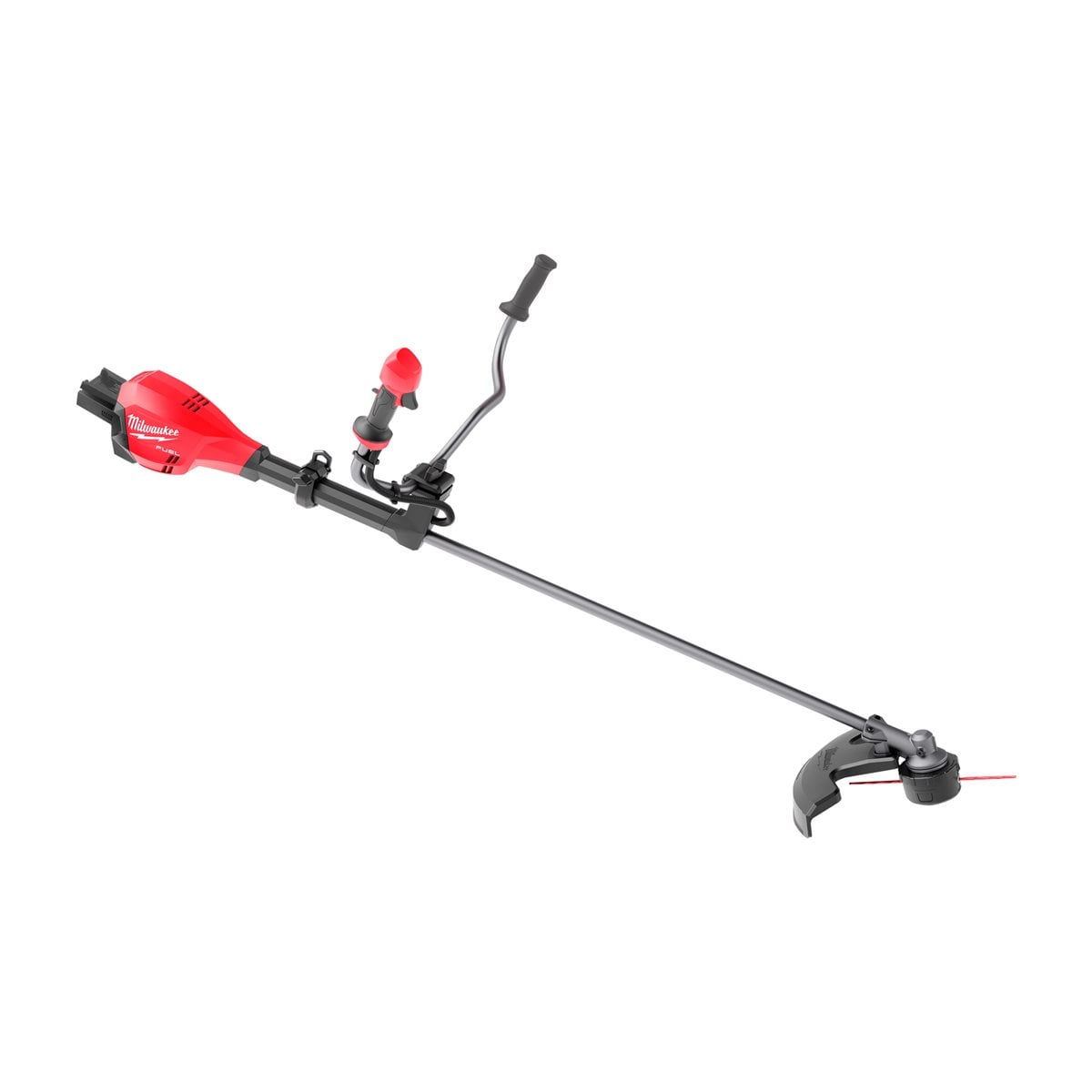 Desbrozadora de manillar abierto M18 FUEL™, 2 velocidades: 0 - 4.900/0 - 5.500rpm, ancho de corte ajustable 38-42cm, incluye cabezal con hilo de nailon, cuchilla de 4 puntas 230mm, arnés de hombro doble, 2x protecciones. Se suministra en versión cero, sin baterías ni cargador Milwaukee