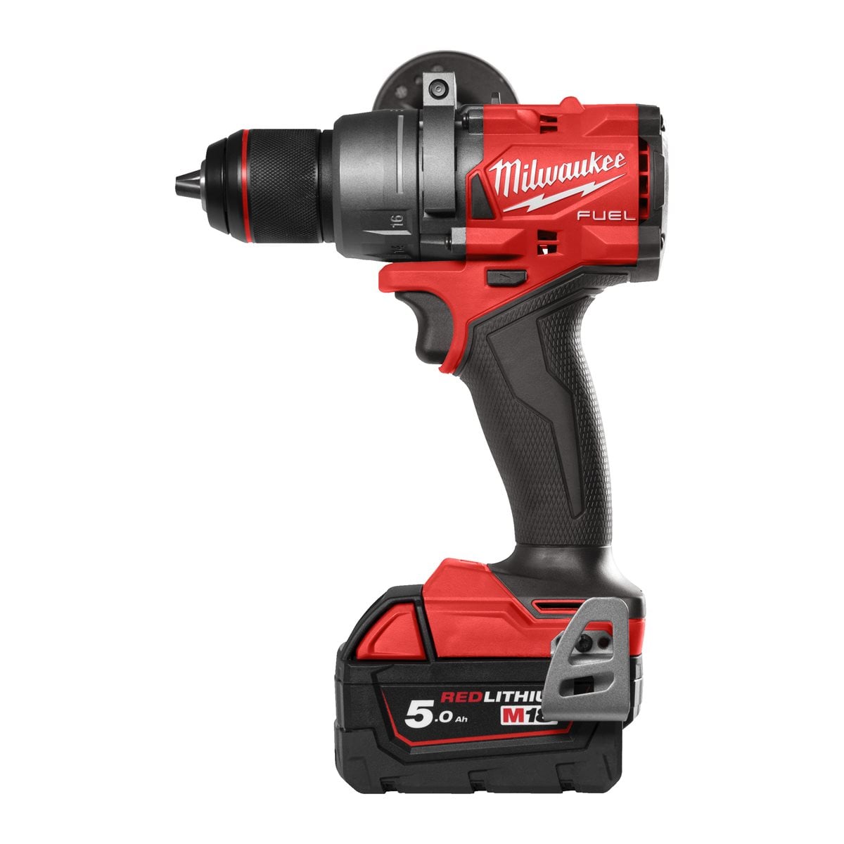 Taladro percutor M18 FUEL™, 2 velocidades, par máximo 158Nm, portabrocas metálico 13mm, embrague mecánico, AUTOSTOP™, longitud total 175mm. Se suministra con 2 baterías M18B5 y cargador rápido M12-18FC, en HD-box Milwaukee