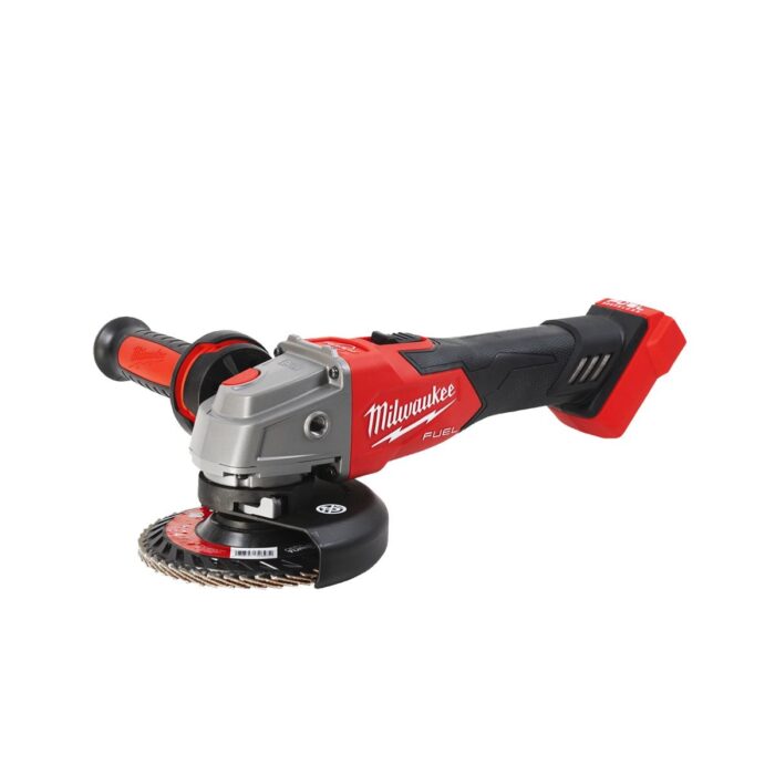 Amoladora angular M18 FUEL™, diámetro del disco 125mm, freno RAPIDSTOP™, 8500rpm, AVS, FIXTEC™, protección anti-kickback, interruptor de botón con bloqueo. Incluye guarda adicional para corte. Se suministra en versión cero, sin baterías ni cargador, en HD-box Milwaukee