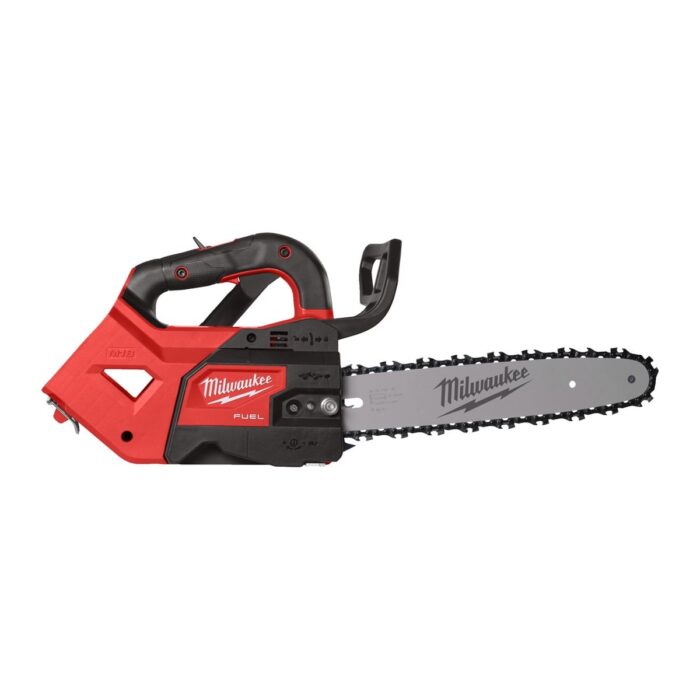 Motosierra de poda M18 FUEL™, barra 30cm (12"), velocidad cadena 15m/s, cadena .325" bajo perfil-nano, anilla de fijación para sistema anticaídas. Incluye 76cc de aceite, llave de servicio y funda de plástico para barra. Se suministra en versión cero, sin baterías ni cargador. Milwaukee