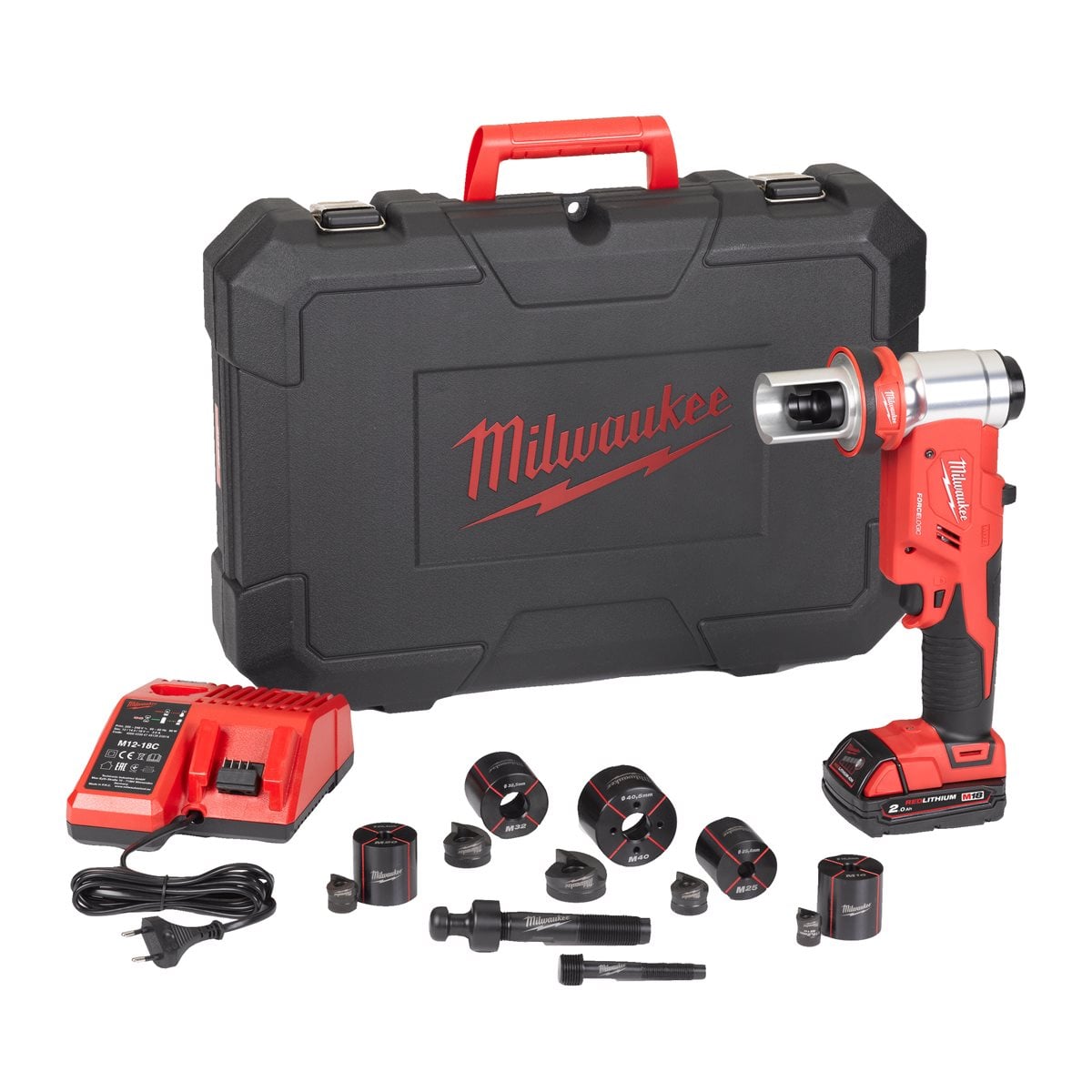Sacabocados hidráulico M18™ FORCE LOGIC™, fuerza de punzonado 60kN, capacidad máxima 100mm, grosor máximo inox 2,5mm. Incluye pasador 7/16", pasador 3/4", conector rápido, tirador, adaptador y punzones M16, M20, M25, M32 y M40. Se suministra con 1 batería M18B2 y cargador M12-18C, en kitbox Milwaukee