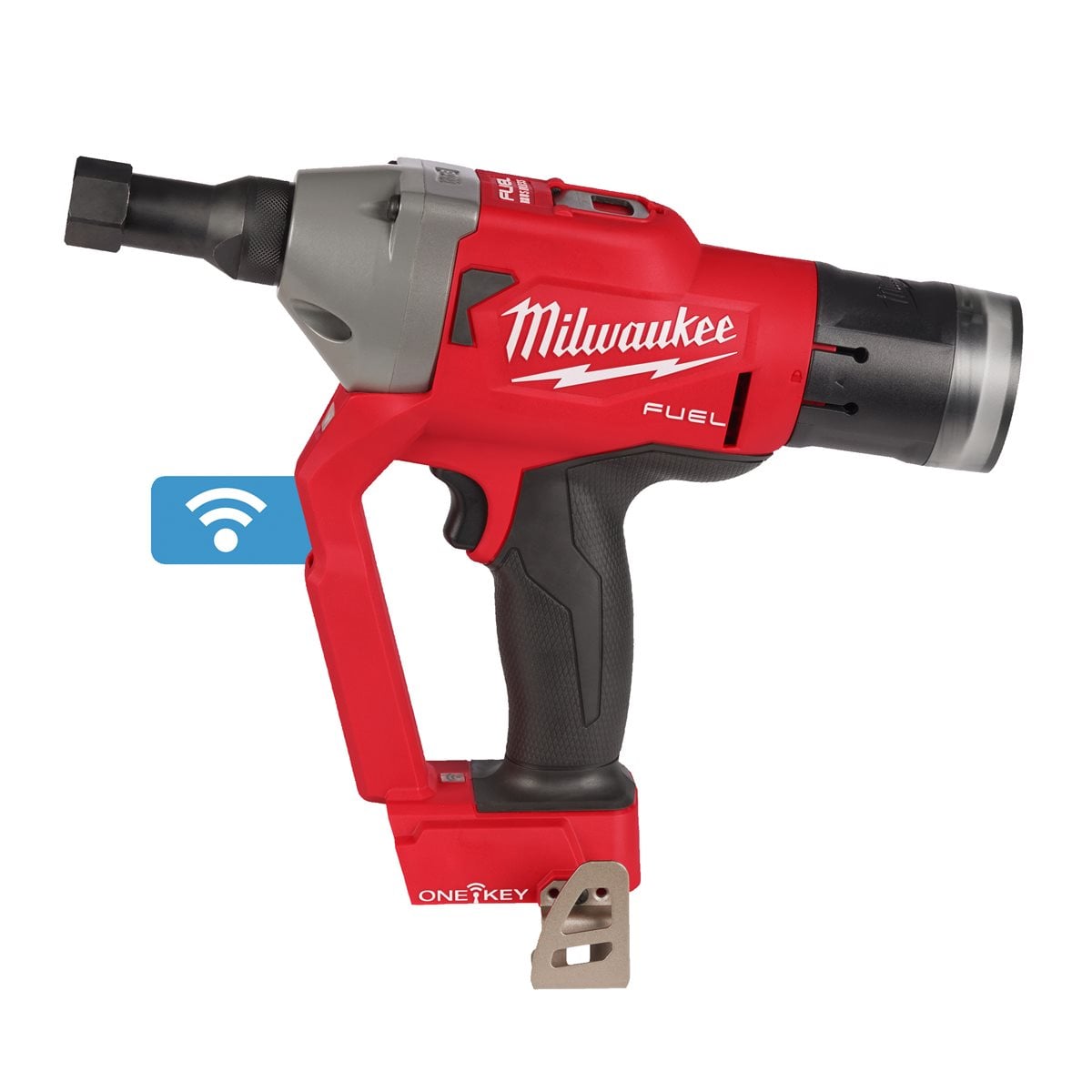 Remachadora de pernos de collar M18 FUEL™ ONE-KEY™, capacidad 4,8 y 6,4mm, compatible con pernos Bobtail®, C6L®, C120L® y Magna-Grip® producidos por HUCK®, compatible con pernos Hucktainer® de 9,53mm (con adaptador M18ONEFLT-HT), fuerza de tracción 20.000N, carrera 30mm. Se suministra en versión cero, sin baterías ni cargador, en HD-box Milwaukee