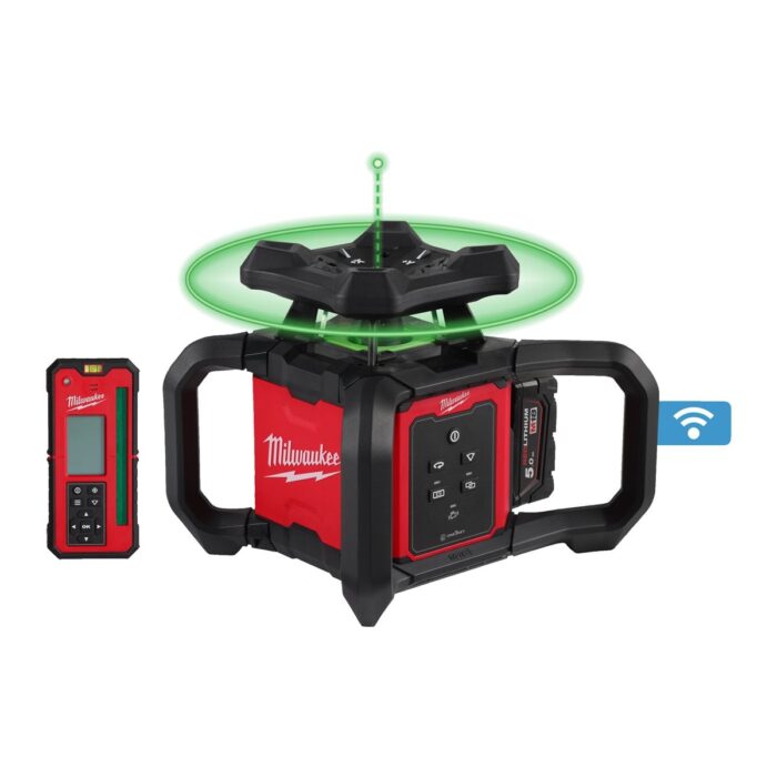 Nivel láser rotativo M18™ ONE-KEY™, 300m, verde, horizontal/vertical, precisión 1,6mm en 30m, protección IP66. Incluye detector de láser RD300G. Se suministra con 1 batería M18B5 y cargador M12-18C, en kitbox Milwaukee