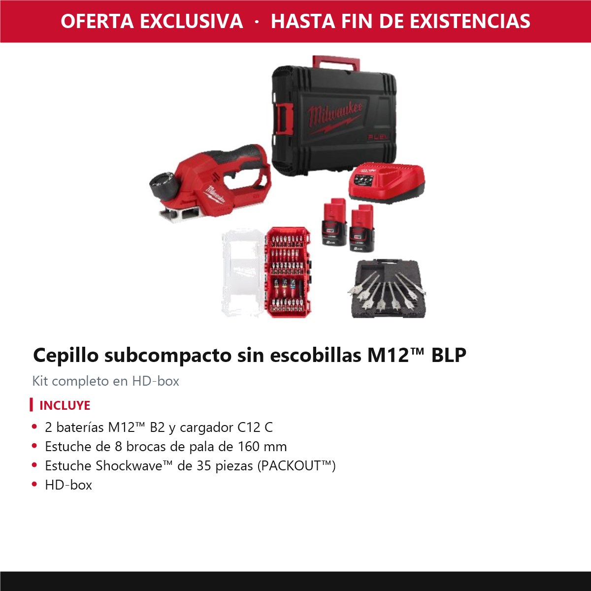 Kit cepillo subcompacto sin escobillas M12 BLP con 2 baterías Milwaukee